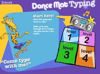 A giraffe dancing. Dance Mat Typing, come type with me. Level 1, level 2, level 3, level 4